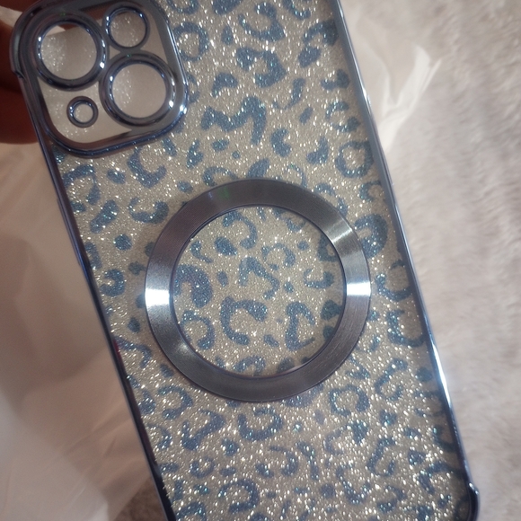 Glitter Leopard Print iPhone 15 Plus Case - Silver and Blue - Picture 2 of 11